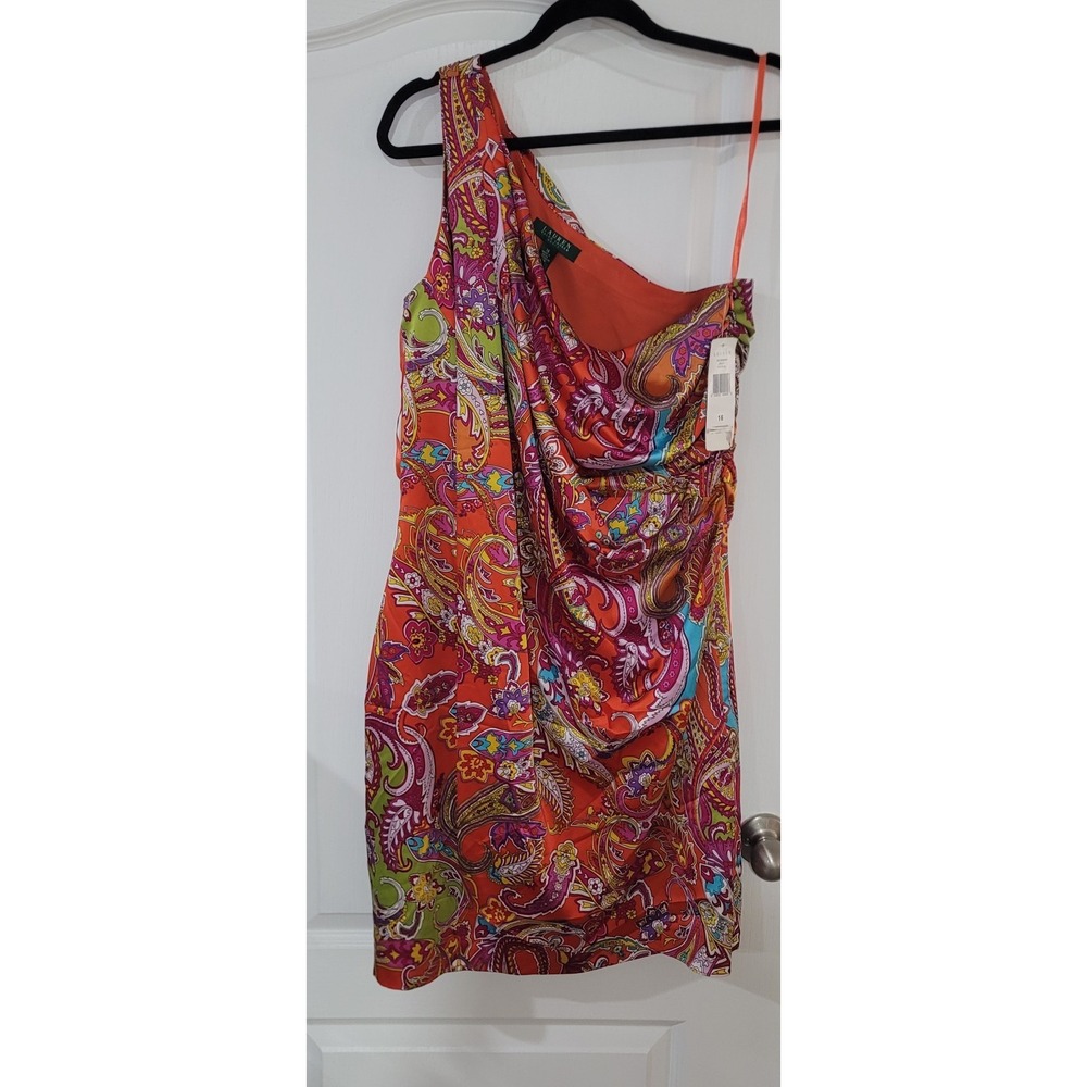 $160 Lauren Ralph Lauren Women's Stretch Oram One Shoulder Paisley Dress Size 16